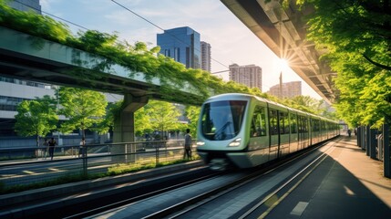 Naklejka premium In front of the sky train Running with green trees on both sides of the city.A big city with a good environment, a city without pollution.