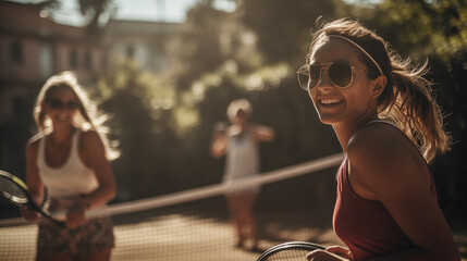 Women playing tennis in summer golden hour - obrazy, fototapety, plakaty
