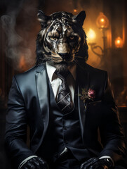 Fototapeta na wymiar Elegant Black Panther in a Suit with a Tie and Boutonniere, Personifying Strength and Leadership in a Mysterious Smoke-filled Ambience