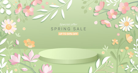 Spring sale banner,round podium for ad and flowers around it.Stage for ads.Discounts for season with blossom flowers,leaves,branches.Template for retail,shops,web,social media with floral elements.