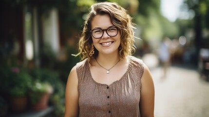 a elegant chubby 30 years old woman looking at camera being nerdy, hipster, wearing a dress, 