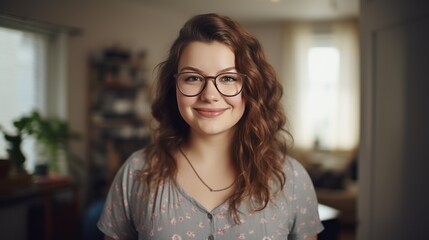 a elegant chubby 30 years old woman looking at camera being nerdy, hipster, wearing a dress, 