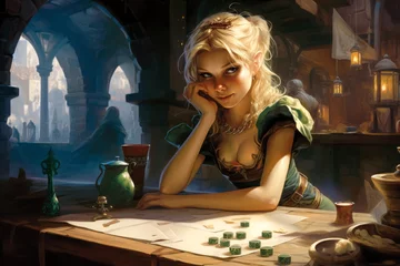 Fotobehang Whimsical Quests: A Charming Girl Immerses in a Tabletop D&D Game at a Cozy Tavern, Inviting You into a World of Playful Adventures and Imaginative Wonders © Ilia