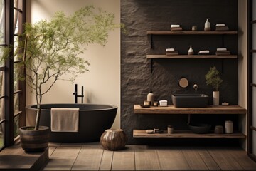 Japandi style bathroom with dark furniture. Interior design with tranquil ambiance - obrazy, fototapety, plakaty