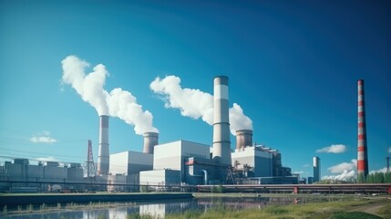 Fototapeta na wymiar Power plant with smoking chimneys on a background of blue sky 