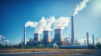 Power plant with smoking chimneys on a background of blue sky  - obrazy, fototapety, plakaty