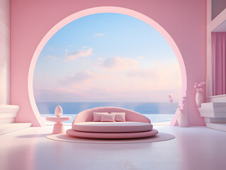 3d rendering of a pink future bedroom with a large window overlooking the sea