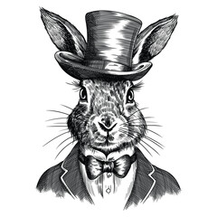 Portrait of a rabbit hare in a suit with a bow tie and a top hat on his head. Drawing stylized as a vintage engraving. © migfoto