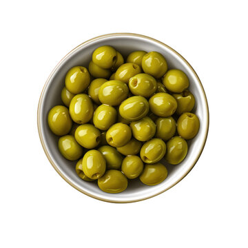 vu de dessus d'un bol rempli d'olives vertes denoyaut&eacute;s