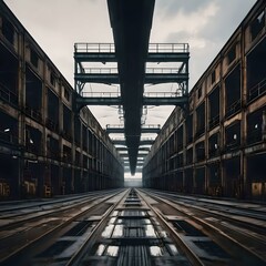 A visually striking image of an industrial setting with strong symmetrical elements, showcasing the beauty in urban decay