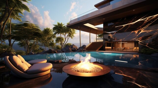 Futuristic Modern Swimming Pool  in a masion . Generative AI