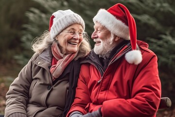 Senior adults celebrating christmas, happy santa hats, adulthood concept