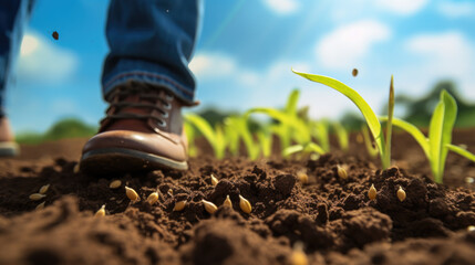 Close-up of a boot digging into soil, symbolizing gardening or farming, with soil particles flying around, indicating the action of working the land. - obrazy, fototapety, plakaty