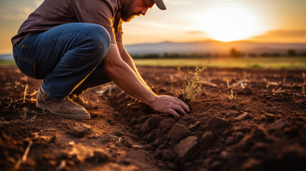 Farmer crouched down, working the soil with his hands, planting or tending to crops in a field at sunset, reflecting the hard work of agriculture. - obrazy, fototapety, plakaty