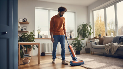 Person using a handheld cordless vacuum cleaner to tidy up the living room, emphasizing domestic...