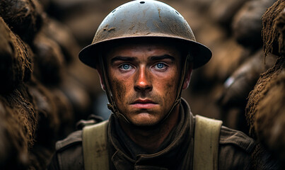 Solemn soldier in World War uniform standing in the trenches, intense gaze reflecting the gravity of military service and the historical impact of global conflict - obrazy, fototapety, plakaty