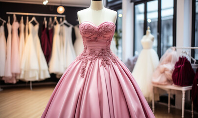 Elegant pink strapless ball gown on mannequin in a bridal boutique with various wedding dresses in the background, romantic bridal fashion and shopping experience