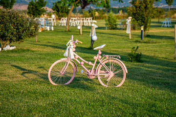 Fototapeta na wymiar Bicicleta rosa sobre césped de finca de ceremonia