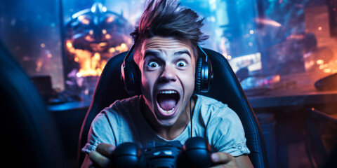Excited young gamer with intense expression playing video games in a dark room illuminated by screen glow, the epitome of immersive gaming experience - obrazy, fototapety, plakaty