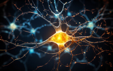 Digital illustration of a neuron cell with detailed dendrites and axon on a dark background, representing neural network activity and brain function