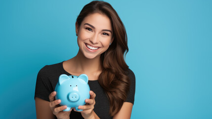 Fototapeta na wymiar Happy young woman holding a piggybank against blue background