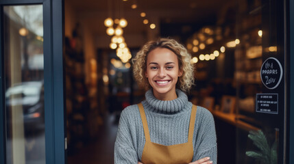 Cheerful woman, cafe owner or employee, standing at the entrance of a small business establishment - obrazy, fototapety, plakaty