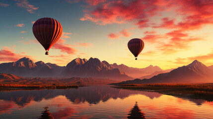 Fototapeta premium Colourful hot air balloons flying over the mountain in the haze at dawn. Travel concept. Generative AI
