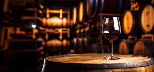 Fototapeta na wymiar Glass of red wine with a blurred background of cellar, wine-vault with barrels. Generative AI