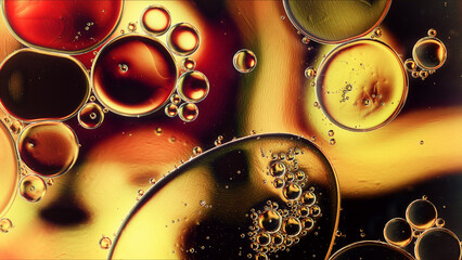 Abstract Colorful Food Oil Drops Bubbles and spheres Flowing on Water Surface - 687484991