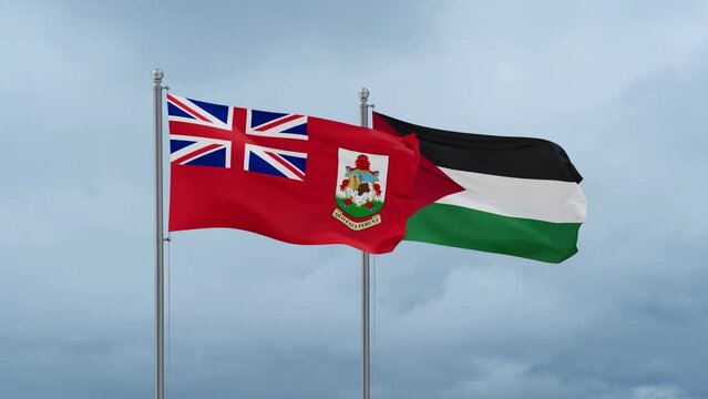 Palestine and Gaza Strip flag and Bermuda flag waving together on blue sky, looped video