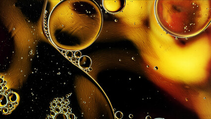 Abstract Colorful Food Oil Drops Bubbles and spheres Flowing on Water Surface - 687485116