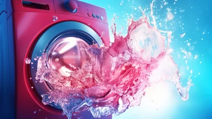 Fotobehang Washing machine drum with water, closeup. Water splash with neon light. Generative AI © AngrySun