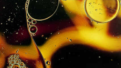 Abstract Colorful Food Oil Drops Bubbles and spheres Flowing on Water Surface - 687485165