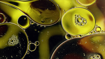 Abstract Colorful Food Oil Drops Bubbles and spheres Flowing on Water Surface - 687485167