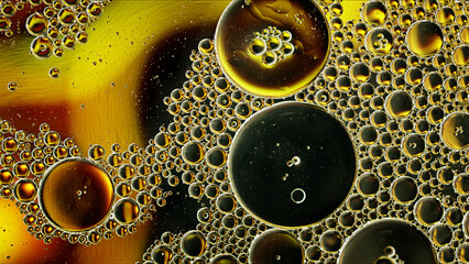 Abstract Colorful Food Oil Drops Bubbles and spheres Flowing on Water Surface - 687485187