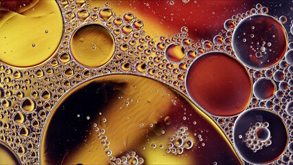 Abstract Colorful Food Oil Drops Bubbles and spheres Flowing on Water Surface - 687485311
