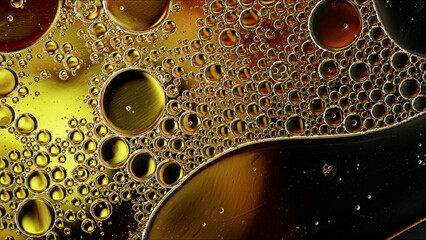 Abstract Colorful Food Oil Drops Bubbles and spheres Flowing on Water Surface - 687485315