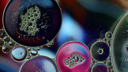 Abstract Colorful Food Oil Drops Bubbles and spheres Flowing on Water Surface - 687485359