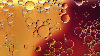 Abstract Colorful Food Oil Drops Bubbles and spheres Flowing on Water Surface - 687485501