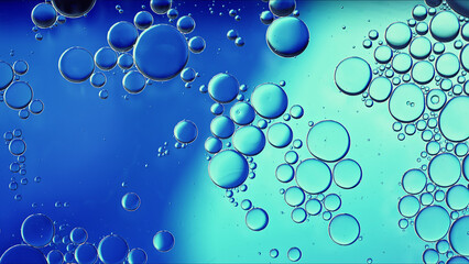 Abstract Colorful Food Oil Drops Bubbles and spheres Flowing on Water Surface - 687485504