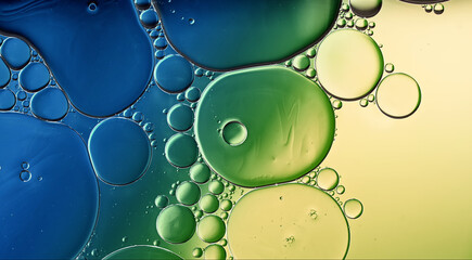 Abstract Colorful Food Oil Drops Bubbles and spheres Flowing on Water Surface - 687485571