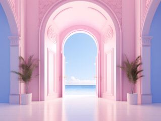 Fototapeta premium 3D render of a pink open door with palm trees modren minimal architecture design