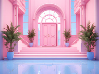 3D render of a pink open door with palm trees modren minimal architecture design