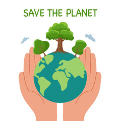 Human hand holding earth globe with trees. Concept of World Environment Day, Save the Earth, sustainability, ecological zero waste lifestyle.