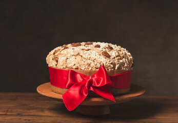 Panettone traditional Italian Christmas cake copy space background. 