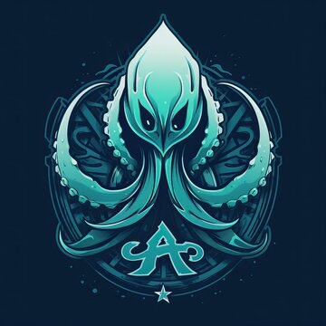 Professional Logo of a Blue and Ligt Blue Kraken Showing off His Tentacles of a SImple Dark Blue Background.