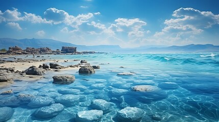 Illustration of a mountain and the blue Dead Sea - obrazy, fototapety, plakaty