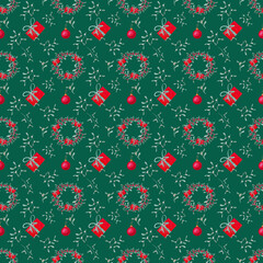 Simple Christmas seamless pattern drawn in watercolors by hands. New Year's gifts and decorations, fir branches, pine. red berries wreath