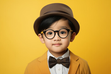 a 5 Year old asian boy wearing big eyeglasses, hat and bowtie, pastel yellow background