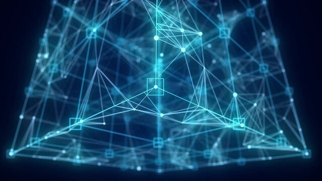 Space futuristic cube. Network connection structure cyberspace with moving particles and lines. Blockchain blue cube. Big data visualization. Abstract cyber security background. 3D rendering.